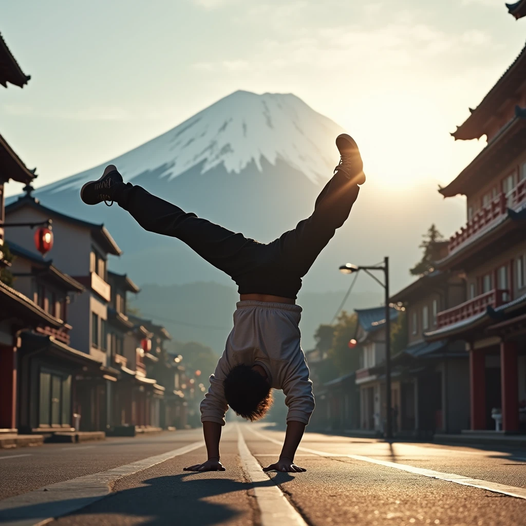 Japanese Bboy dressed in hip hop clothes, executing a breakdance backflip in front of the buildings, with the volcano in sharp focus and the background blurred, creating a cinematic atmosphere. The bboy's pose should convey strength and dynamism, contrasting with the serenity of the mountain. dramatic lighting, with sun rays hitting the bboy and Mount Fuji, Enhancing the Scene. Visual Style: アニメ, cinematographic, realisitic.