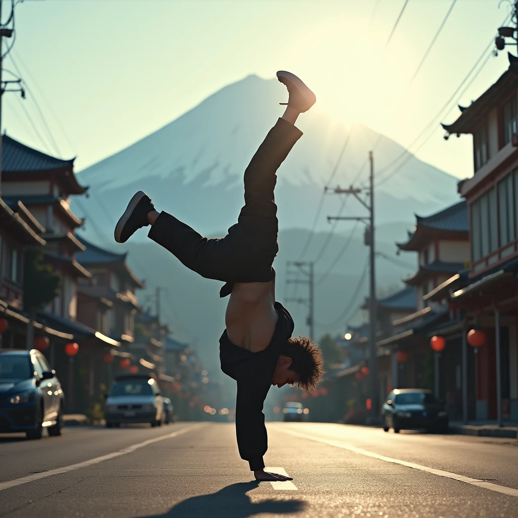 Japanese Bboy dressed in hip hop clothes, executing a breakdance backflip in front of the buildings, with the volcano in sharp focus and the background blurred, creating a cinematic atmosphere. The bboy's pose should convey strength and dynamism, contrasting with the serenity of the mountain. dramatic lighting, with sun rays hitting the bboy and Mount Fuji, Enhancing the Scene. Visual Style: アニメ, cinematographic, realisitic.