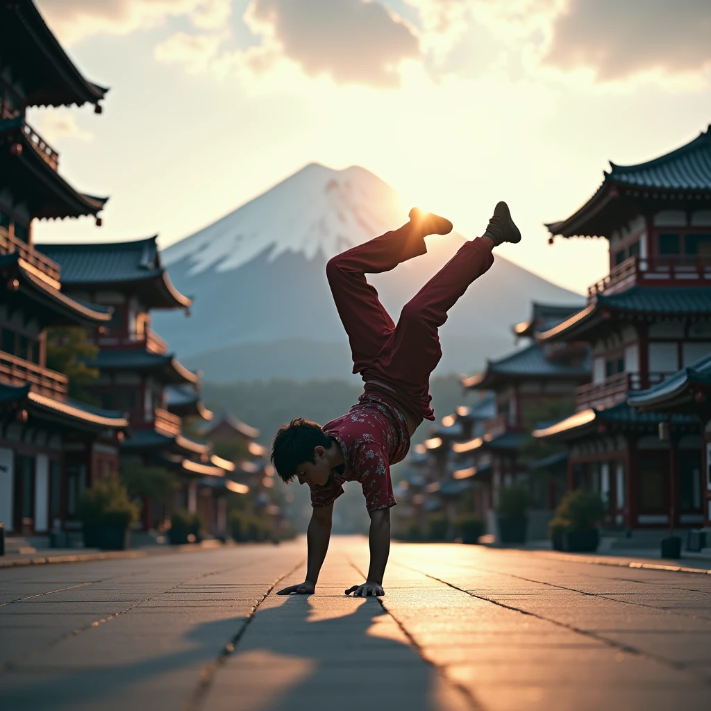 Japanese Bboy dressed in hip hop clothes, executing a breakdance backflip in front of the buildings, with the volcano in sharp focus and the background blurred, creating a cinematic atmosphere. The bboy's pose should convey strength and dynamism, contrasting with the serenity of the mountain. dramatic lighting, with sun rays hitting the bboy and Mount Fuji, Enhancing the Scene. Visual Style: アニメ, cinematographic, realisitic.