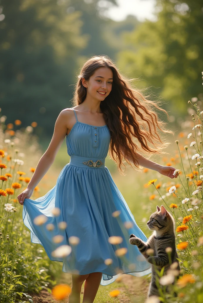A girl, 18 years old, wearing a blue dress, with brown braided hair, playing with her cat in the garden. She has brown eyes and fair skin.