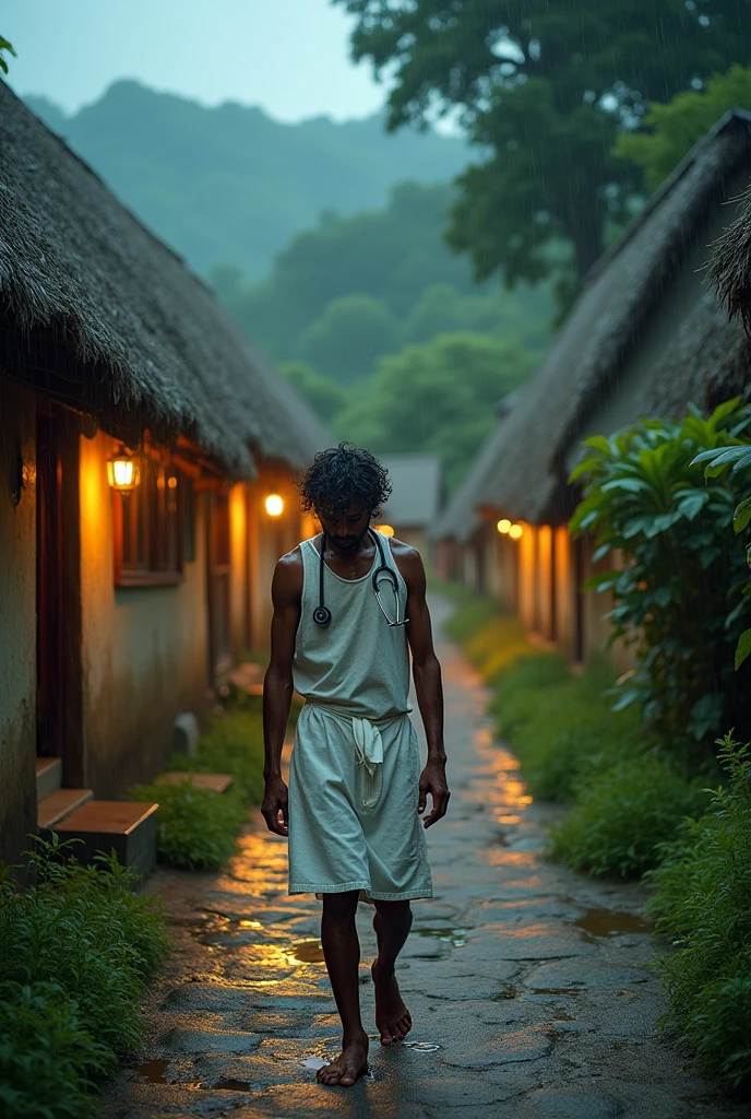 Reaching the Village: Dr. Sudhir wearing white apron and stethoscope arriving back in the village, visibly drenched and fatigued.