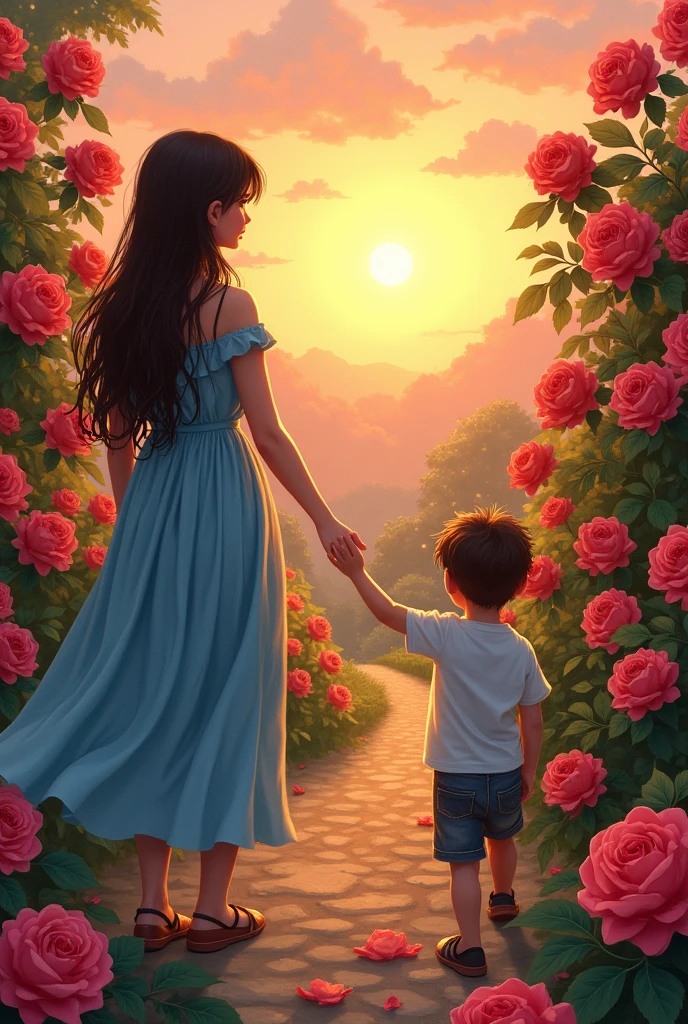 Give me a 3-panel comic with text that's about a 22-year-old girl in a blue dress saying goodbye. She's facing away and waving goodbye to a boy who is walking away., And the girl is among roses