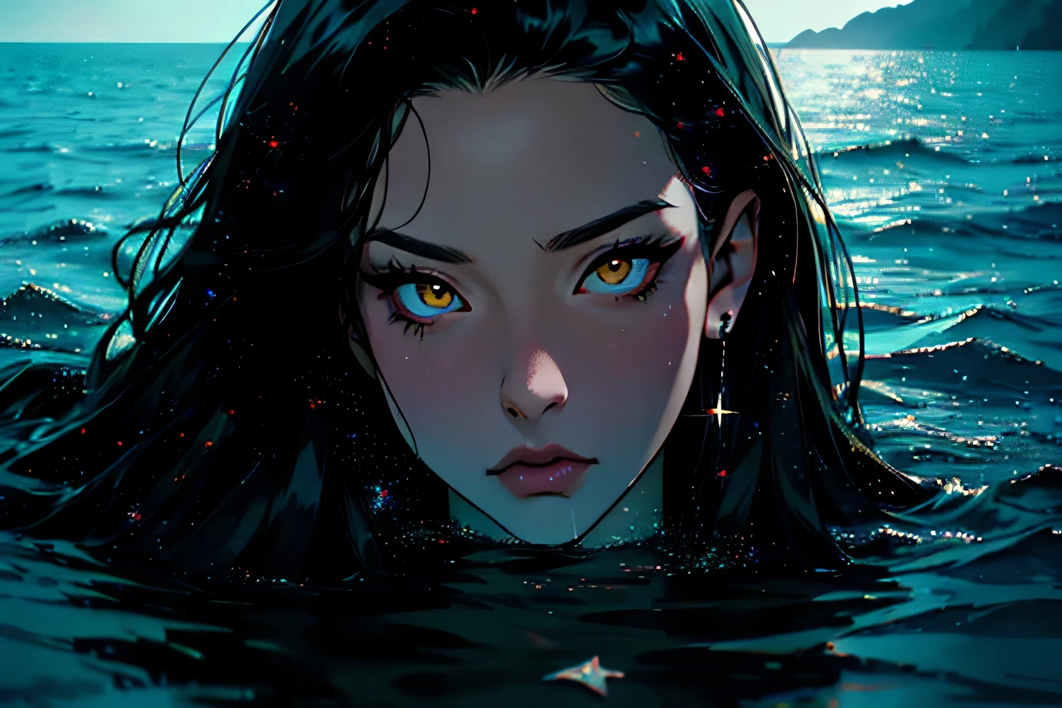 hyper-realistic of a mysterious woman with dark hair, piercing yellow eyes, upper body, submerging in water, (ocean), (night with stars)