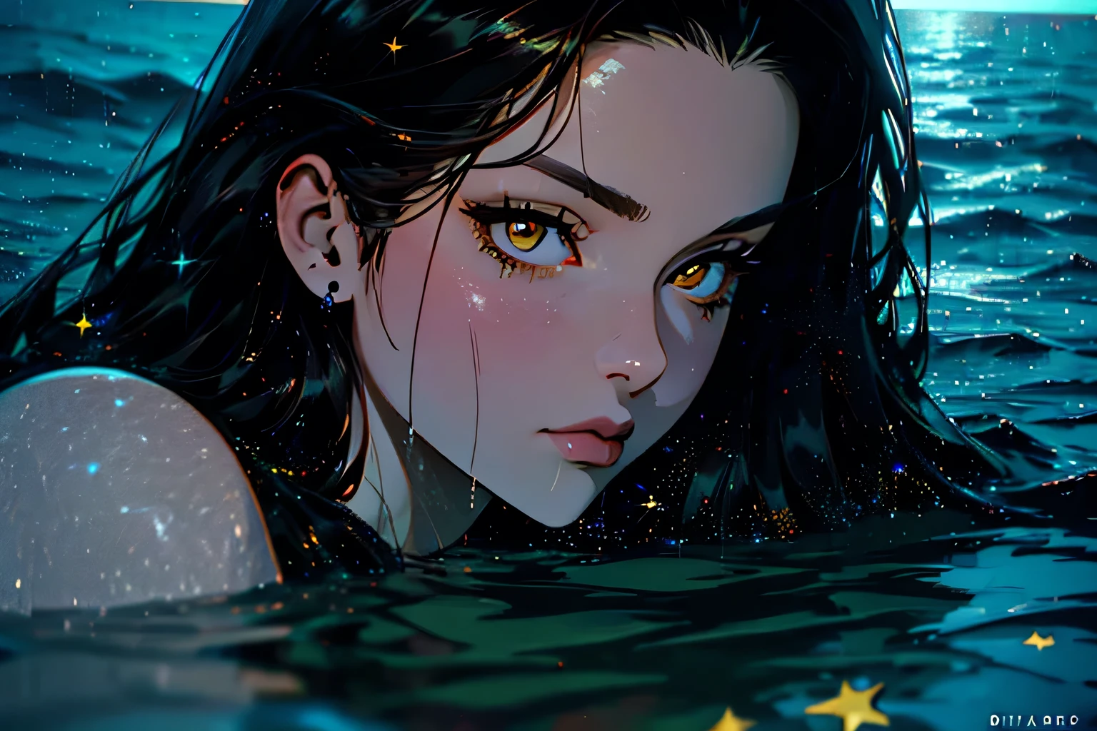 hyper-realistic of a mysterious woman with dark hair, piercing yellow eyes, upper body, submerging in water, (ocean), (night with stars)