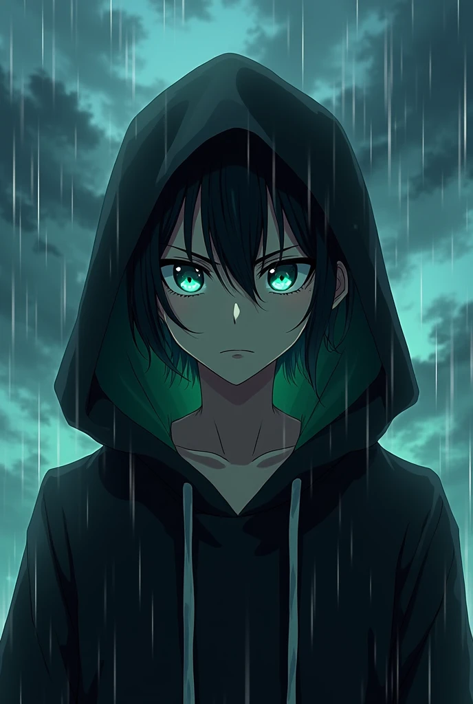 Generate a anime art of souske hibari, a highly intelligent teenager with black hoodie, . His lazy blue eyes filled with apprehension He had raven hair with neon green undertones
He staring at ragyo kiryuuin, his biological mother