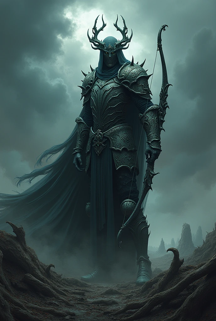The fallen knight, wields the finest bow, with bones surrounding his body, Nemesis's divine representative