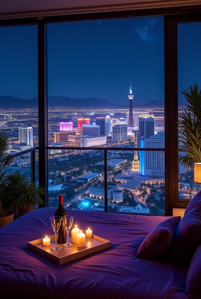 Panoramic Night View of Las Vegas City from a Room, beautiful crystals, Soft and Romantic atmosphere, Sophisticated and modern decoration, luxury bed, night to rest, and dark atmosphere at dawn, green plants, purple sheets, table with glasses and a bottle of wine.