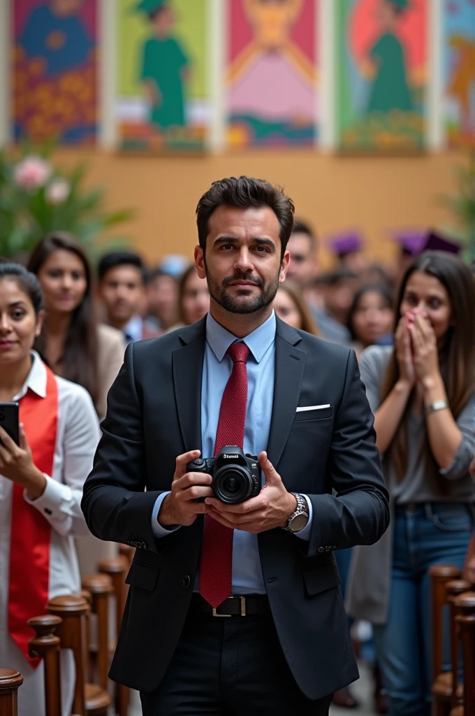 A scene where a photographer is standing in front of frustrated parents who are trying to photograph their children at a graduation ceremony. The photographer is blocking the view of the parents, holding a camera, and taking photos of the students in caps and gowns. The parents in the background are holding their phones and looking annoyed because they can't take pictures of their children. The setting is a formal graduation event with decorations, and the focus is on the obstruction caused by the photographer.