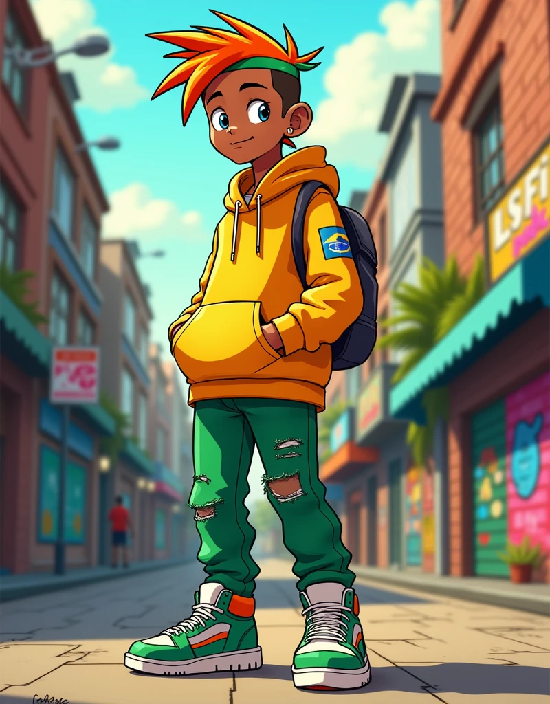 Latam brazilian boy wearing a coat, orange/green hair with mullet, brown skin, cool, young delinquent, modern street clothes, cartoon network EUA animation design.