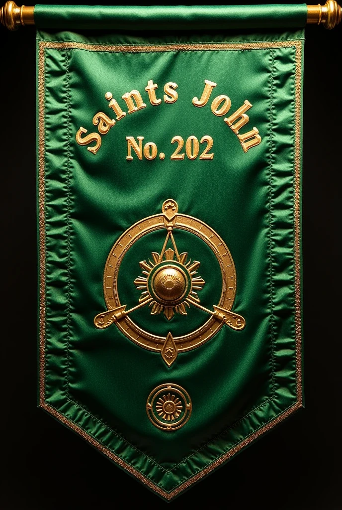 Banner for a lodge in green moiré fabric containing in the upper part the inscription in Latin in gold letters: "Saints John" No. 202, below the text, indefectibly the design of two bars or lateral lines in vertical position from left to right and in the middle of them a circle with a dot in the center