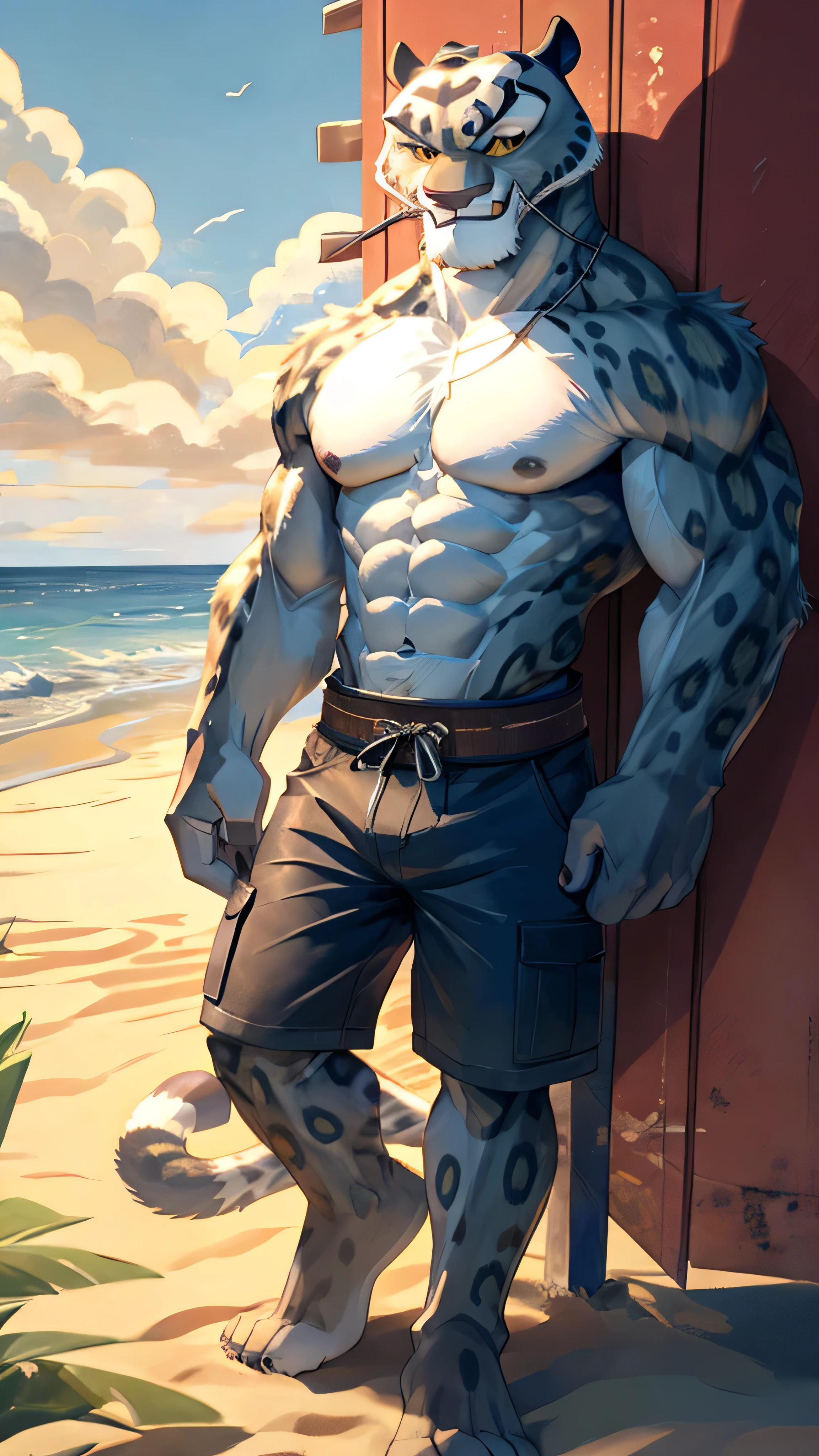 Kung Fu Panda cartoon, furry snow leopard Tai Lung, tall, slender, handsome, extremely beautiful face, muscular body, six pack abs, gentle look, shirtless, denim cargo shorts, bare feet, sexy, hot, tall, slender, smile, on beach, lifeguard