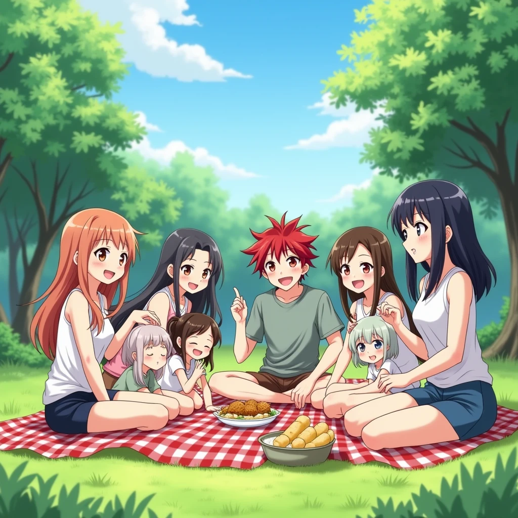 Generate a picnic scene in anime style. In the center, there is a main character — a boy with dark red hair. Next to him is his friend, another boy. Surrounding them are about five girls, all either sitting or standing, enjoying the picnic in a relaxed atmosphere. All the characters are happy and smiling, having a good time. The background should be scenic, with green grass, trees, and possibly a blue sky. The overall vibe should be light and friendly, like a summer picnic with friends.
