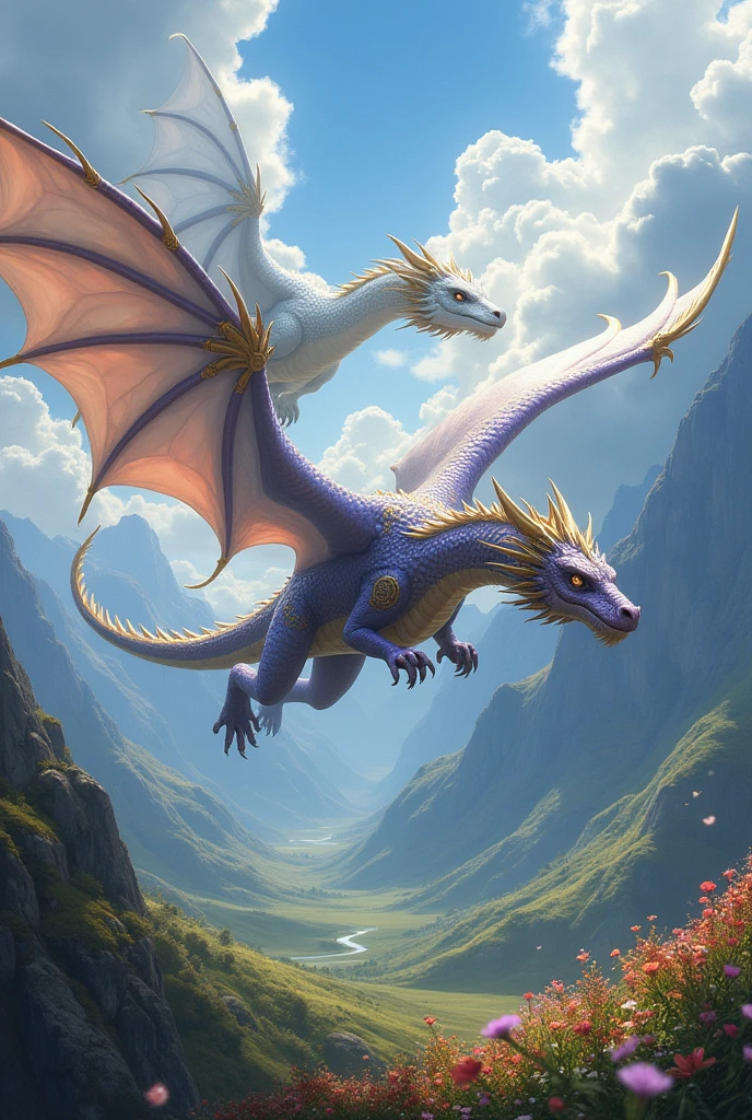 Two dragons from House of Dragons One white with blue and the other purple and gold 