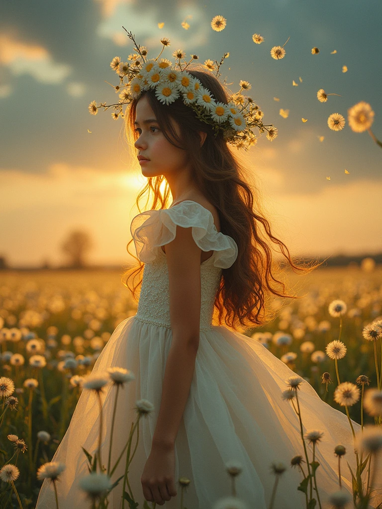 pretty girl, 1 girl, wearing a beautiful dress, long hair, flowers headband, in a dandelion field, highest quality, non-realistic, pretty picture, fantasy