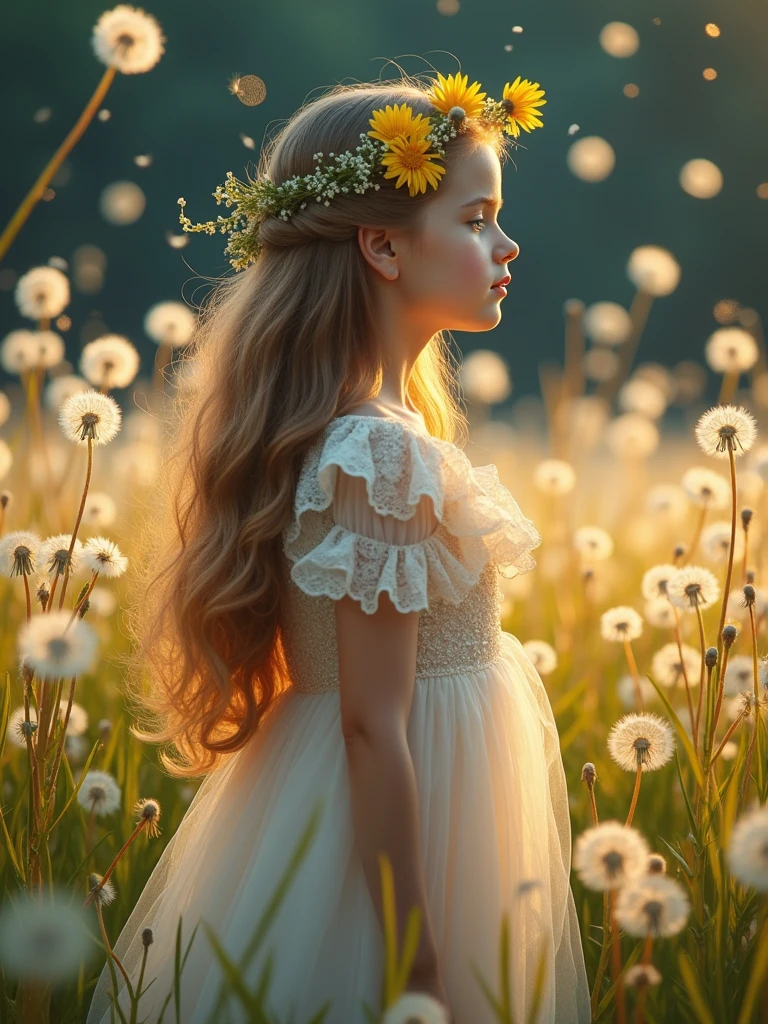 pretty girl, 1 girl, wearing a beautiful dress, long hair, flowers headband, in a dandelion field, highest quality, non-realistic, pretty picture, fantasy