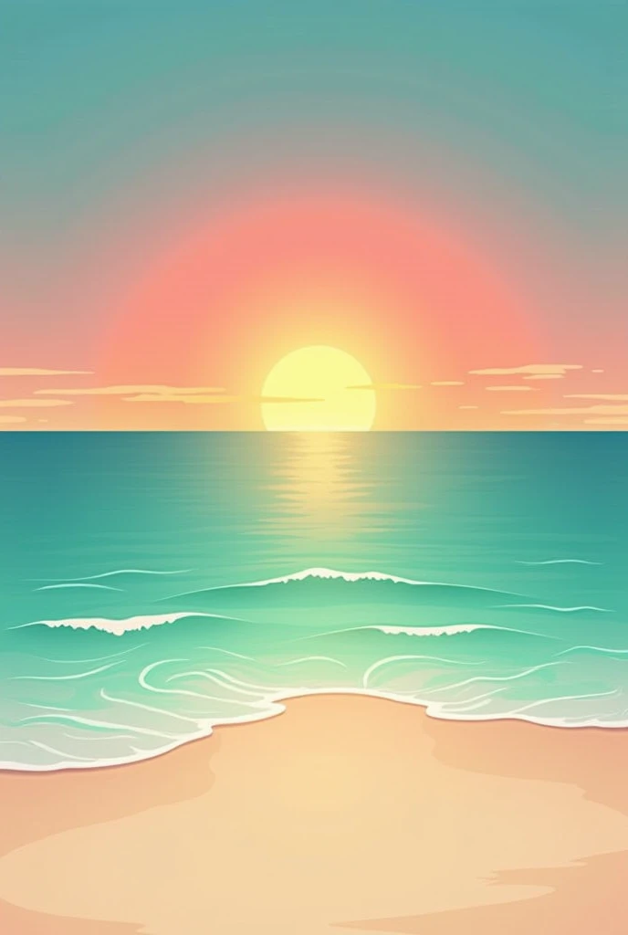 Minimalist vector image in watercolor painting style of a beautiful sunrise on the island, a secluded beach with small waves gently lapping the shore, and an open view of a calm emerald sea, The sun breaking the horizon with rays of rainbow colors gently permeating the sky