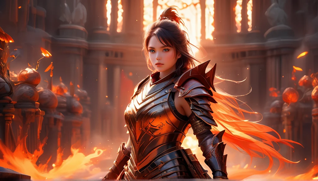 a beautiful warrior girl, 1girl, red and orange color scheme, digital art, highly detailed, cinematic lighting, dramatic pose, intricate armor, glowing weapons, fantasy setting, epic atmosphere, masterpiece, 8k, photorealistic