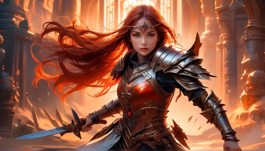 a beautiful warrior girl, 1girl, red and orange color scheme, digital art, highly detailed, cinematic lighting, dramatic pose, intricate armor, glowing weapons, fantasy setting, epic atmosphere, masterpiece, 8k, photorealistic