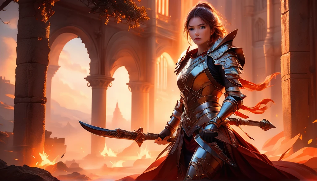 a beautiful warrior girl, 1girl, red and orange color scheme, digital art, highly detailed, cinematic lighting, dramatic pose, intricate armor, glowing weapons, fantasy setting, epic atmosphere, masterpiece, 8k, photorealistic