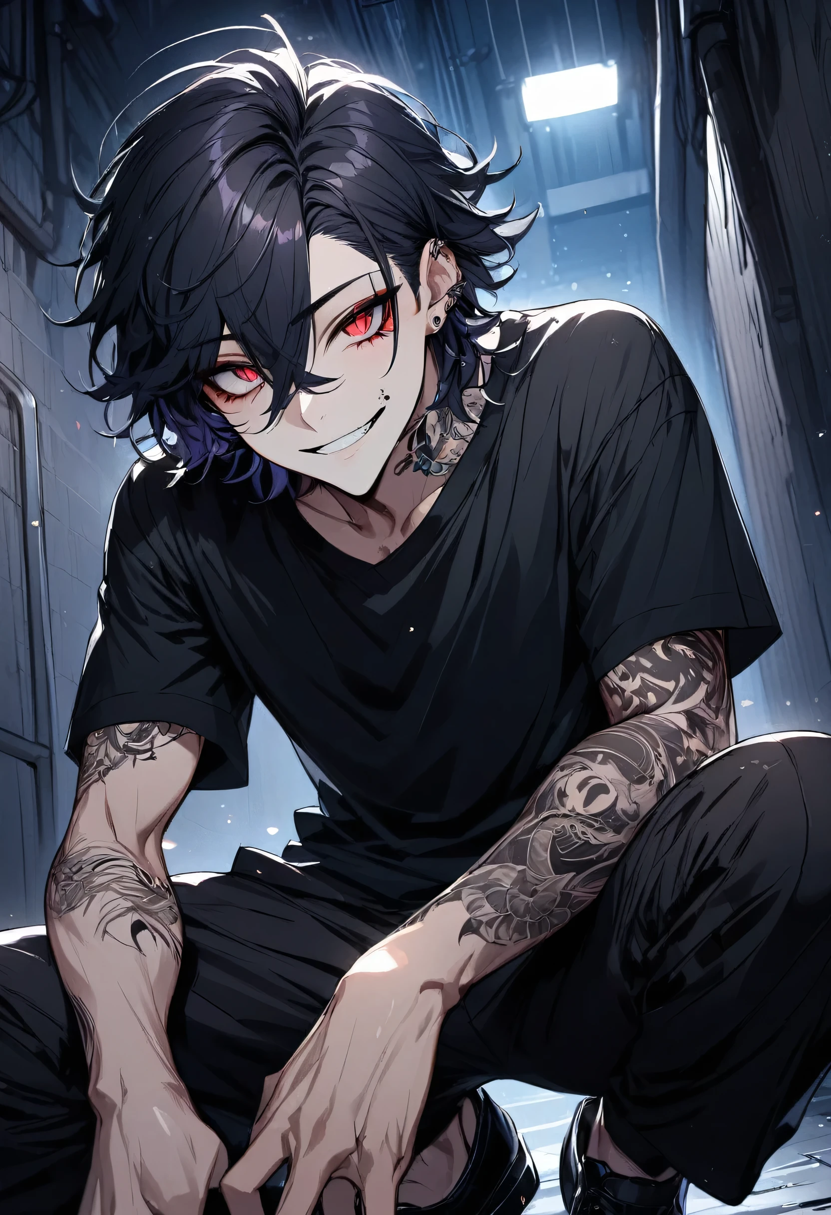 (masterpiece), best quality, expressive eyes, perfect face, , LowKeyLights, jewelry, male focus, solo, 1boy, standing on a dark basement, he has black, shoulder-length, curled hair and red eyes, looking at viewer, his body is tall and athletic, but he wears a black short-sleeved shirt, black pants and shoes, and he has many tattoos on his arms, night, dark, his face is stretched into a dark and slightly frightening smile, detailed face, detailed eyes, detailed body, tall and athletic, his appearance speaks of his gloominess and yandere personality, basement background, detailed fingers, detailed teeth, correct pupils, adult, close view, best upscale, he's Wicked One, view from below, detailed grin, squatting down, head tilted, dark and gloomy yandere look 