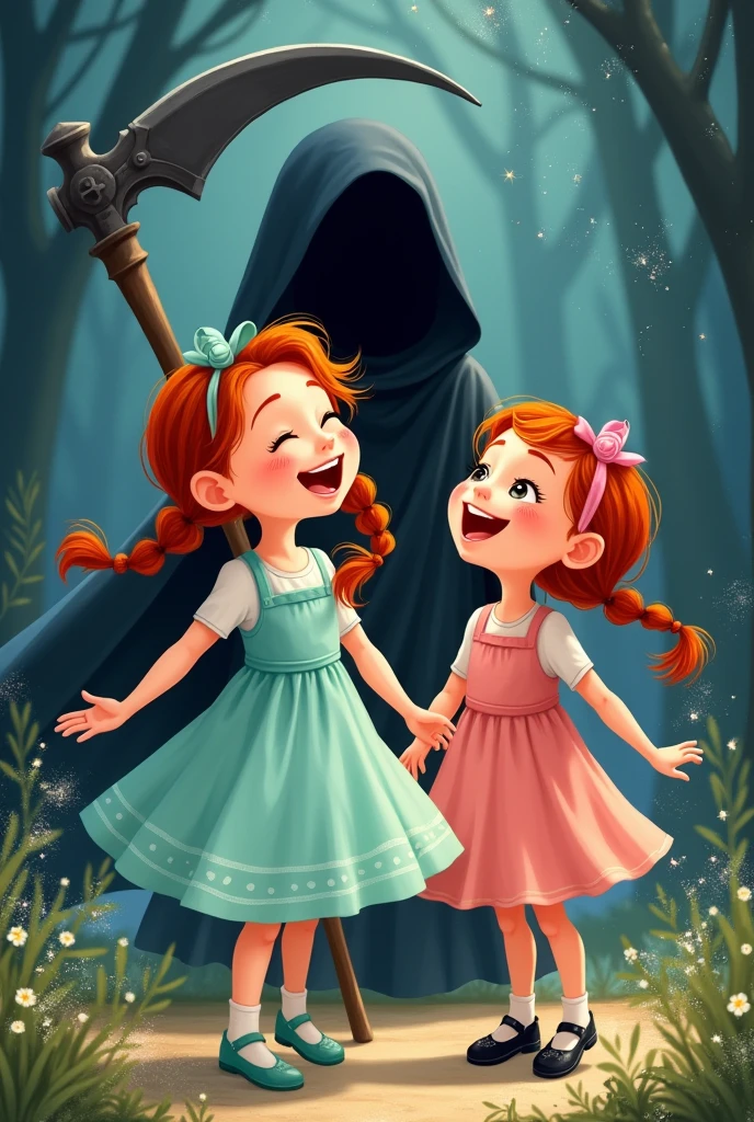 A cartoon drawing, a book cover, a little girl with red hair in braids, wearing a pale blue dress and green shoes and a green hair ribbon, looking happy, with shimmering magical dust scattered in the sky around her, and standing next to her is another  wearing a pink dress and black shoes, looking happy. Behind them stands the shadow of a Grim Reaper. 