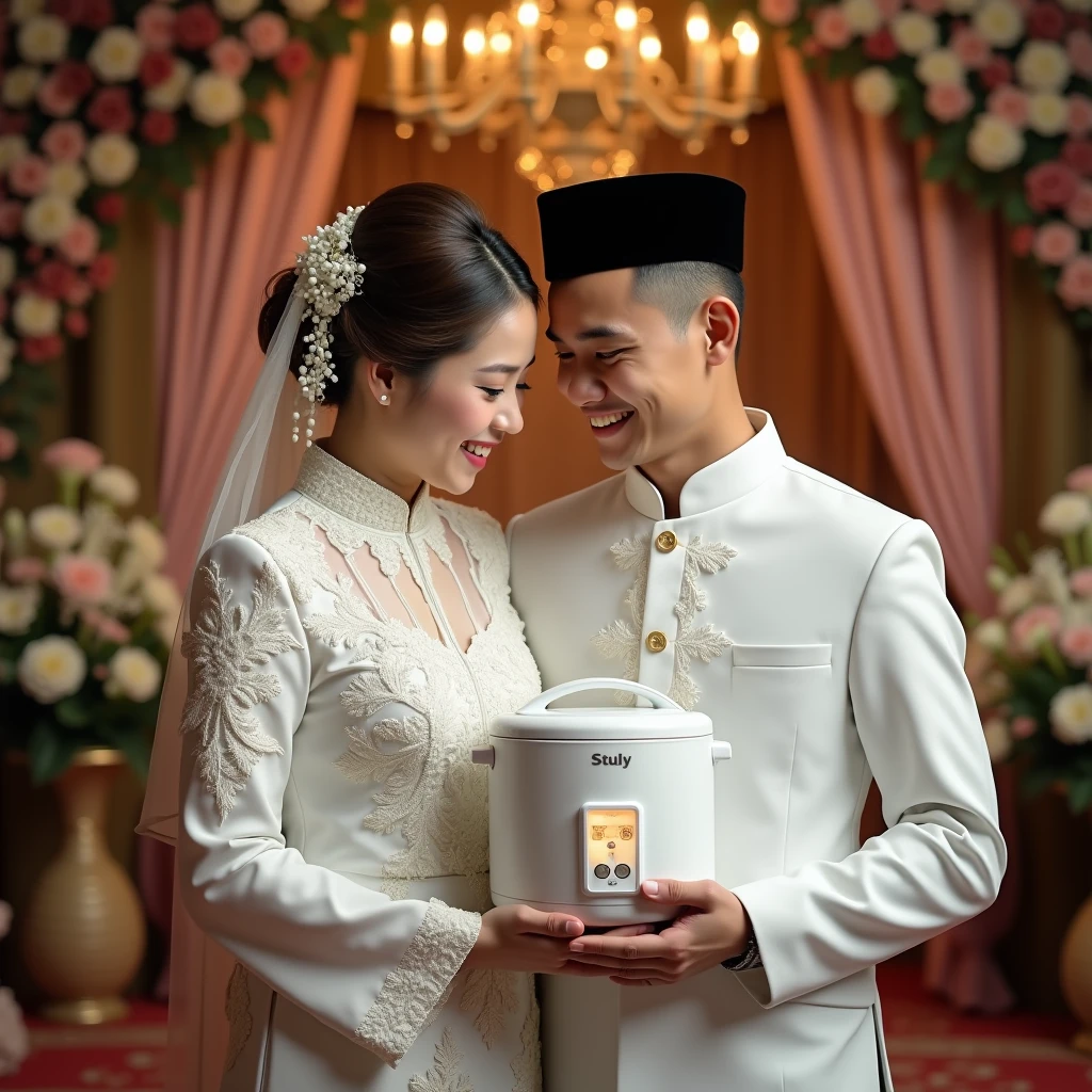 Original photo of an Indonesian young man wearing traditional white Indonesian wedding attire. hugging a white automatic rice cooker with buttons and lights Indonesian wedding scene Ultra-realistic 8K photo, shot with Leica Q2, strong color contrast and sharp clarity --ar 1:1 --quality 2 --