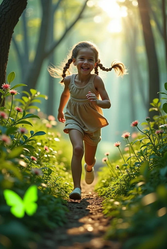 Girl in the forest running, braid, smiley, Futurism, Futurism, panorama, Ultra-Wide Angle, masterpiece, textured skin