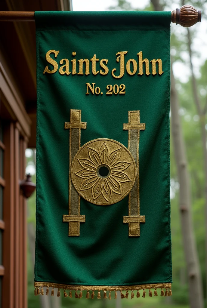 Banner for a lodge in green moiré fabric containing in the upper part the inscription in Latin in gold letters: "Saints John" No. 202, below the text, indefectibly the design of two bars or lateral lines in vertical position from left to right and in the middle of them a circle with a dot in the center
