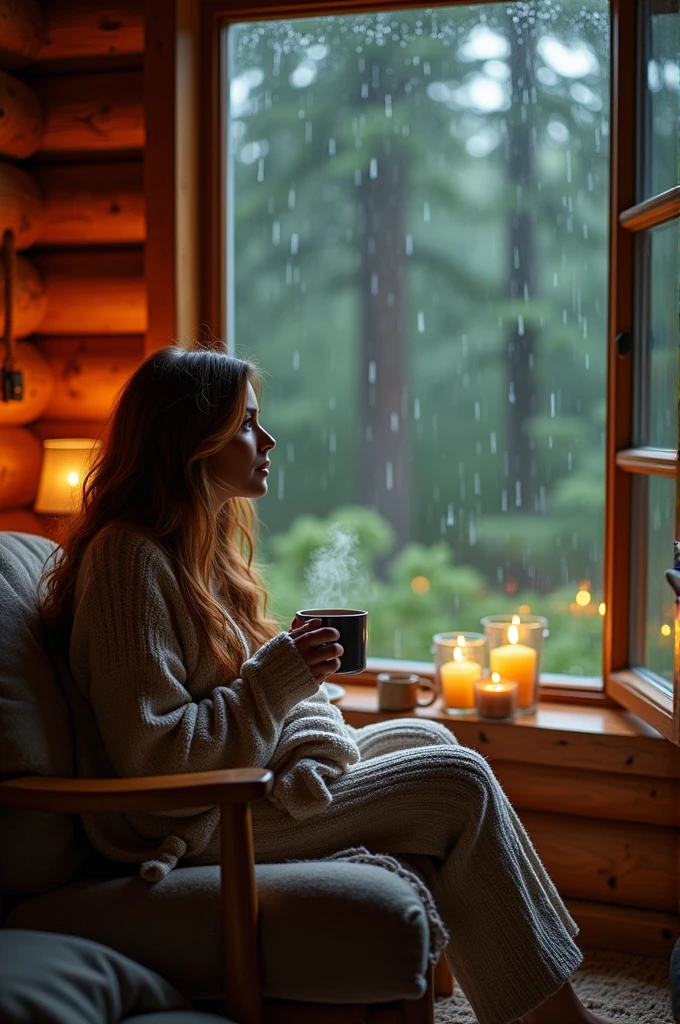 A beautiful and well-equipped cabin in the middle of the woods, a woman sitting with a cup of hot coffee watching the rain and the dusk 