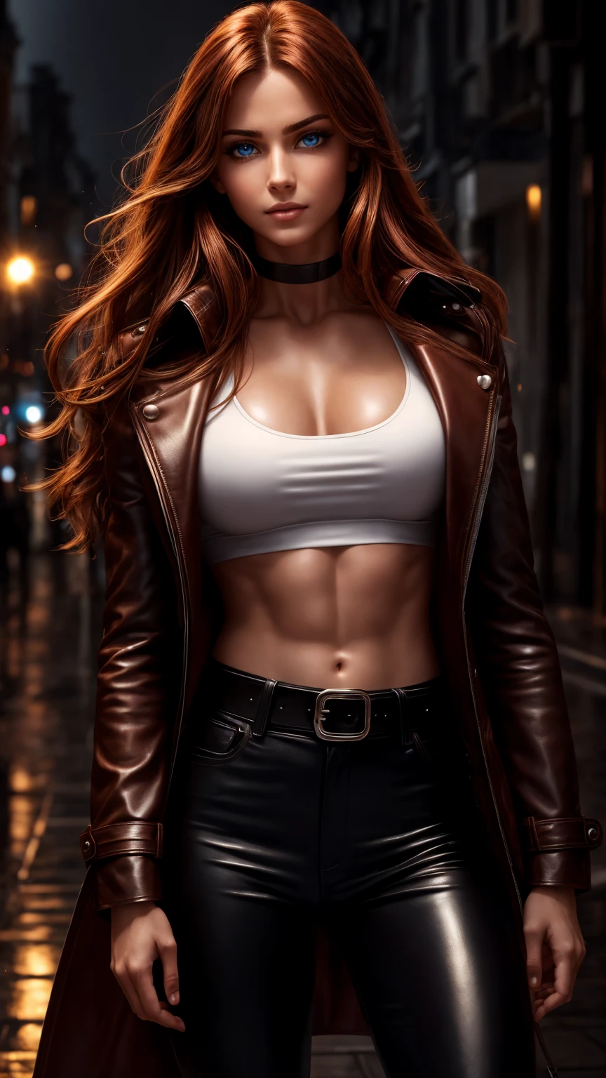 Seductive and confident look. White Shirt. Rainy night city. Huge arm muscles, triceps and biceps, visible veins. Slim muscular teenage european girl. Leather coat, Shiny leather pants. Long red hair. backlit, smirk, belt, backlit, perfect sultry make-up, cinematic, realistic, high contrast, visually rich,piercing eyes, strong eyeliner, mesmerizing eyes, elegant, graceful, natural beauty, charismatic, versatile, photogenic, very detailed