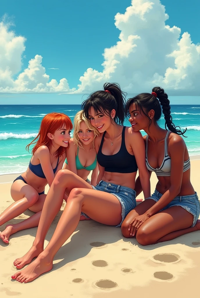 Anime Line Art Jade (with a wiry body and dark, slightly matted hair tied into a loose ponytail and wearing a black crop-top and ripped denim shorts) leaned back on her hands, her wiry frame relaxing into the soft sand as she gazed out at the ocean, content in her position at the center of her friends’ attention. Blair, the shortest of the group with her bleach-blonde hair (multiple piercings, tight tank top and short skirt) and mischievous eyes, was sprawled out beside her, lazily tracing patterns in the sand with one hand while the other rested on Jade’s thigh. Harley, the athletic fiery redhead (athletic build, sports bra and track shorts), was perched on Jade’s other side, her toned legs crossed as she leaned in closer, her fingers playfully brushing against Jade’s arm. Nia, with her dark braids cascading over her shoulders (age hourglass figure and wearing a bikini top and cut-off shorts), had settled behind Jade, hugging Jade from behind with her plump breasts and her curvier body pressing against Jade’s back as she whispered something in her ear that made Jade chuckle. (Four teens hanging out on the beach, with Blair, Harley and Nia crowding and loving on Jade) (four people mentioned in this scene need to be present)