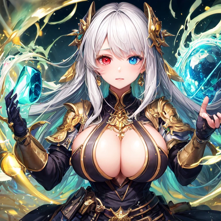 A beautiful girl inventor,alchemist with white hair with heterochromia eyes gold and blue and big breasts