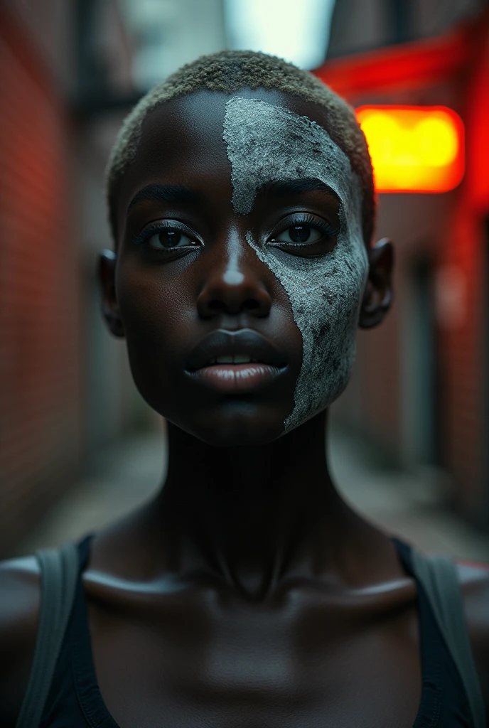 A woman with shaved hair, of black complexion, has a third-degree burn on the right side of her face, and her eye suffered the consequences, turning white.