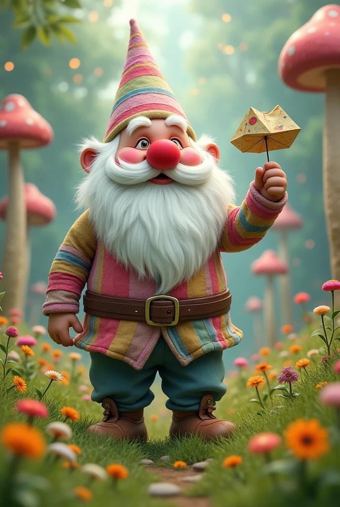 A giant gnome with a paper airplane in his hand and a clown nose