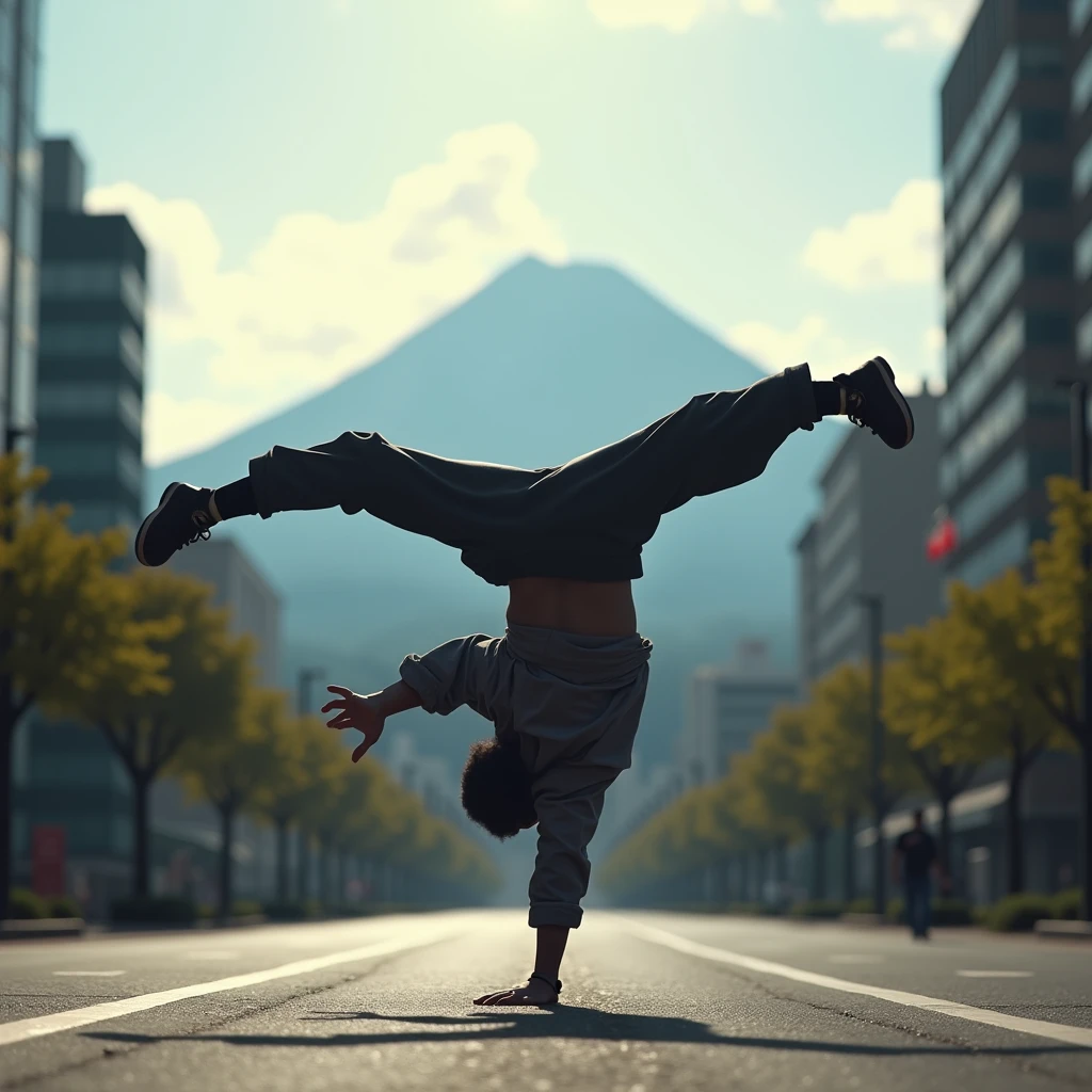 Japanese Bboy dressed in hip hop clothes, executing a breakdancing backflip in front of the urban buildings of metropolitan Tokyo, with the volcano in sharp focus and the background blurred, creating a cinematic atmosphere. The bboy's pose should convey strength and dynamism, contrasting with the serenity of the mountain. dramatic lighting, with sun rays hitting the bboy and Mount Fuji, Enhancing the Scene. Visual Style: アニメ, cinematographic, realisitic.