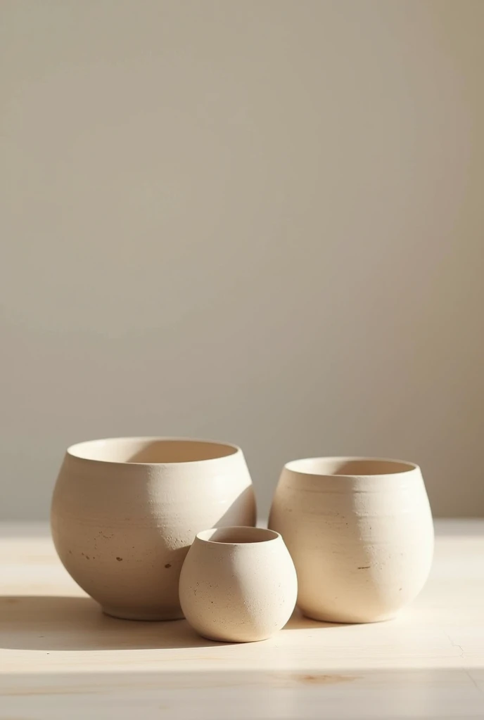 A minimalist, contemporary studio setup with a collection of ceramic vases in varied sizes and neutral tones, placed on a soft wooden surface. The camera captures the scene from a frontal, eye-level angle using a Canon EOS 5D Mark IV paired with a 50mm f/1.8 lens. The composition follows the Rule of Thirds and Leading Lines, directing focus towards the vases while a blurred background adds depth to the image. Soft, diffused lighting enhances the calm and balanced atmosphere of the scene.