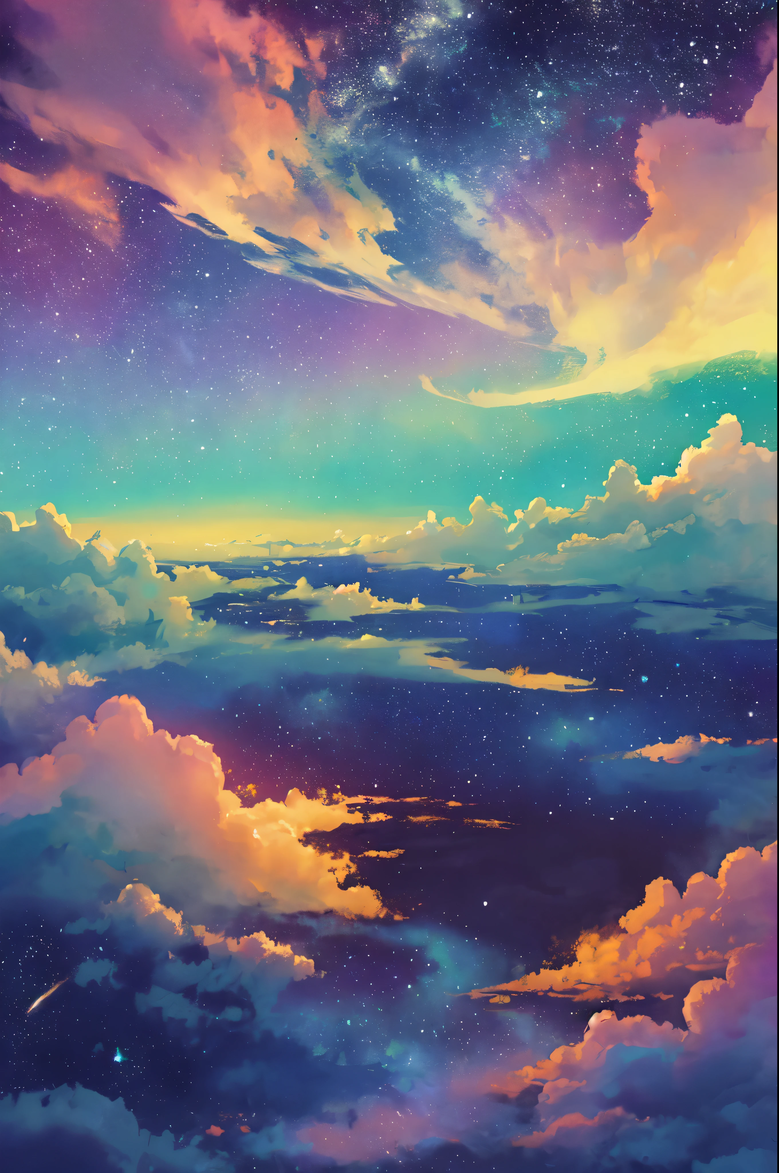 Celestial Meadow Fantasy Wallpaper in 4K quality, ethereal watercolor style, featuring a vast, open meadow under a sky painted with swirling nebulae and distant galaxies, delicate wildflowers glowing softly in the moonlight, and floating islands hovering above the horizon; cool blues and purples blending with warm golden hues, a tranquil, otherworldly ambiance, no human characters, dreamy and expansive mood --v 5 --stylize 1000