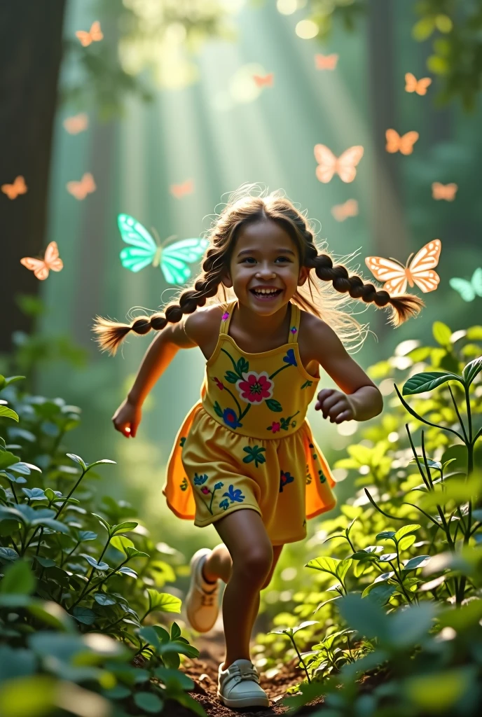 Girl in the forest running, braid, smiley, Futurism, Futurism, panorama, Ultra-Wide Angle, masterpiece, textured skin