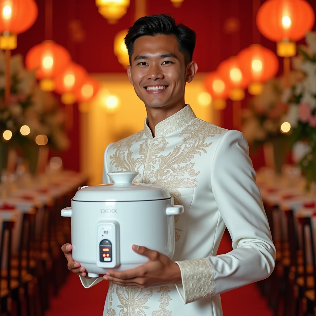 Original photo of an Indonesian young man wearing traditional white Indonesian wedding attire. hugging a white automatic rice cooker with buttons and lights Indonesian wedding scene Ultra-realistic 8K photo, shot with Leica Q2, strong color contrast and sharp clarity --ar 1:1 --quality 2 --
