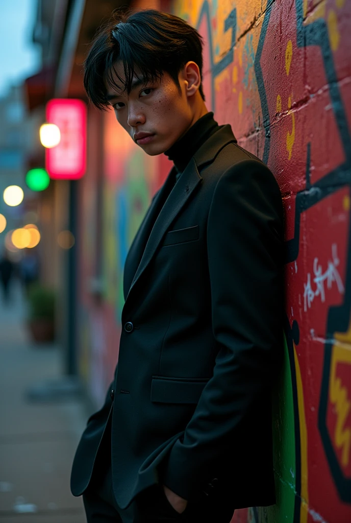 Hot picture of Felix from stray kids in black hair freckles and black outfit
