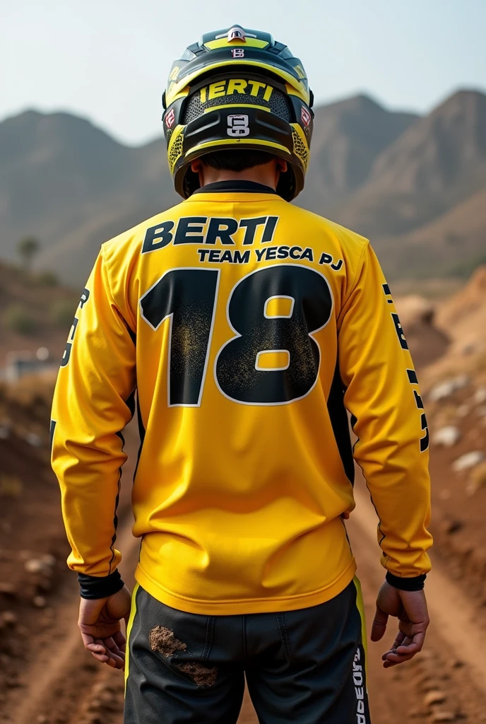 A motocross jersey
Front and back with name *BERTI* Y NUMERO *18*COLOR YELLOW
The front part that says *TEAM YESCA PJ*