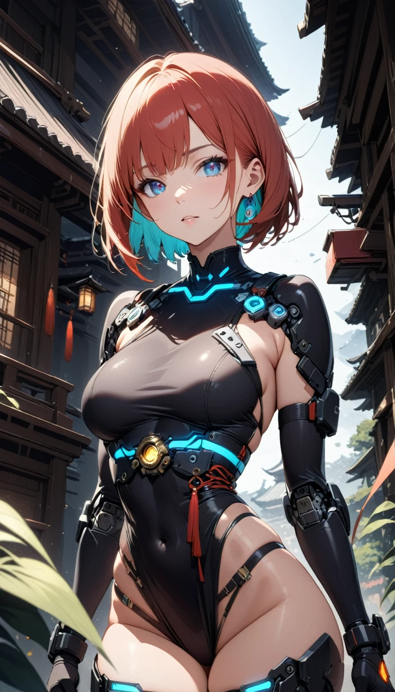 (Cyborg ninja girl), beautiful face, Mechanized left eye lens, Most of the body is mechanized, Some machine parts are visible, Intricate and sophisticated mechanical details, Wearing a traditional ninja costume, (finely detailed beautiful eyes: 1.2), shaggy short hair, 
((best quality: 1.2, very detailed, ultra-high resolution, absurdres: 1.3, highres: 1.3, masterpiece: 1.2, top quality, best aesthetic, fine texture, perfect lighting: 1.2, best shadow, sharp focus: 1.3, high contrast, high color saturation)), (anatomically correct, perfect hands: 1.2), (professional photography:1.2), cowboy shot, cinematic lighting, anime style, Dynamic composition, cyborg style, 