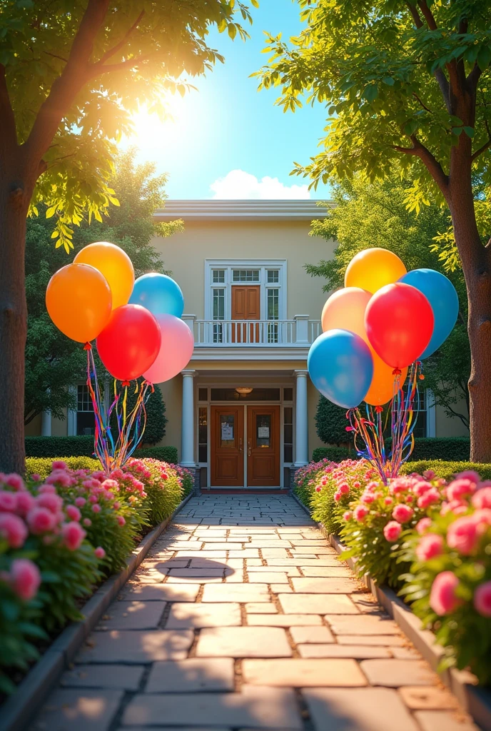 Bright and Cheerful Backdrop: The school entrance with colorful balloons, fresh flowers and golden sunlight streaming through the trees creates a welcoming and festive atmosphere on the first of September.