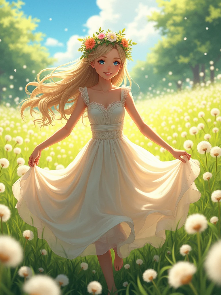 pretty girl, 1 girl, wearing a beautiful dress, long hair, flowers headband, in a dandelion field, highest quality, non-realistic, pretty picture, fantasy, realistic anime version