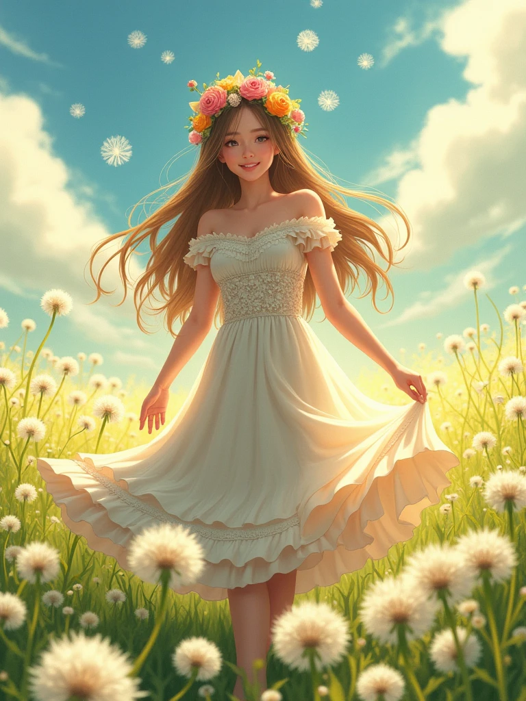 pretty girl, 1 girl, wearing a beautiful dress, long hair, flowers headband, in a dandelion field, highest quality, non-realistic, pretty picture, fantasy, realistic anime version