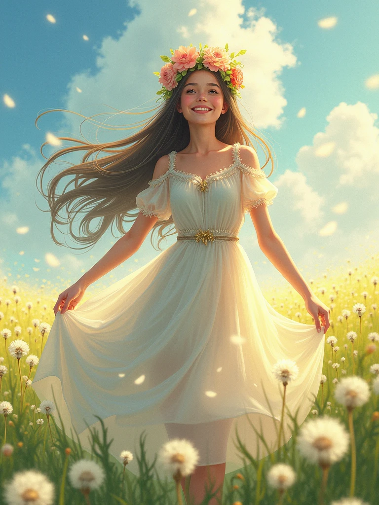 pretty girl, 1 girl, wearing a beautiful dress, long hair, flowers headband, in a dandelion field, highest quality, non-realistic, pretty picture, fantasy, realistic anime version