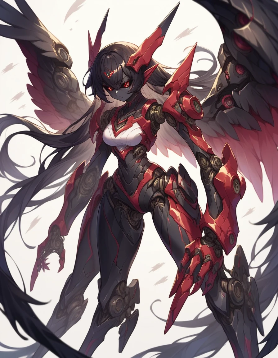 score_9, score_8_up, source_anime,wrenchsmechs, female, mechanical eyes, black hair, long hair, mechanical legs, demon, black skin, white background, feathered wings, slit pupils, black sclera, medium breasts,