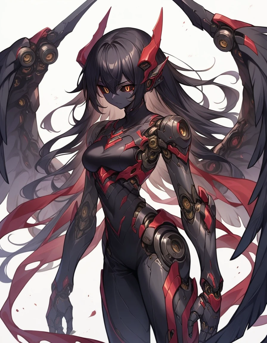 score_9, score_8_up, source_anime,wrenchsmechs, female, mechanical eyes, black hair, long hair, mechanical legs, demon, black skin, white background, feathered wings, slit pupils, black sclera, medium breasts,