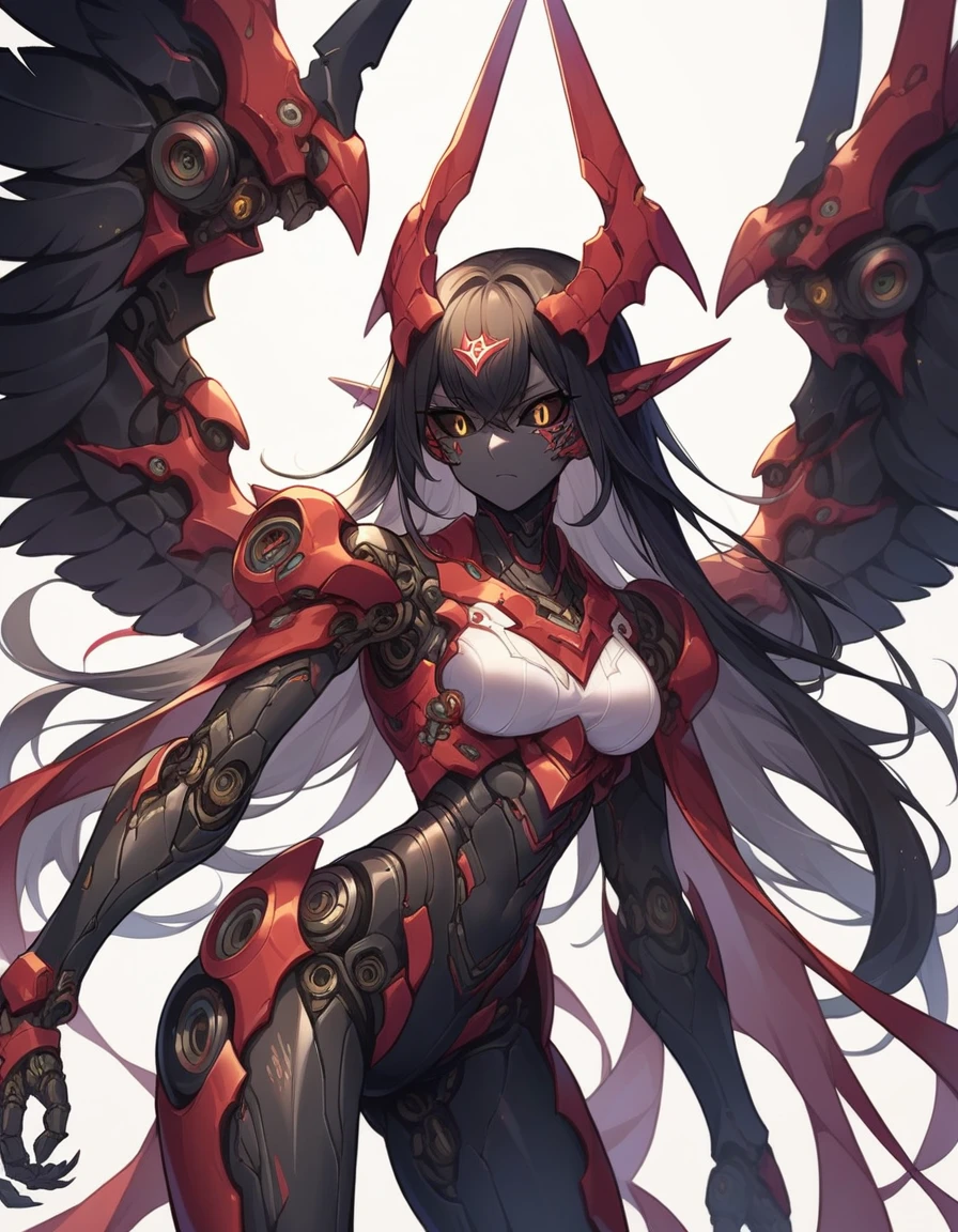 score_9, score_8_up, source_anime,wrenchsmechs, female, mechanical eyes, black hair, long hair, mechanical legs, demon, black skin, white background, feathered wings, slit pupils, black sclera, medium breasts,