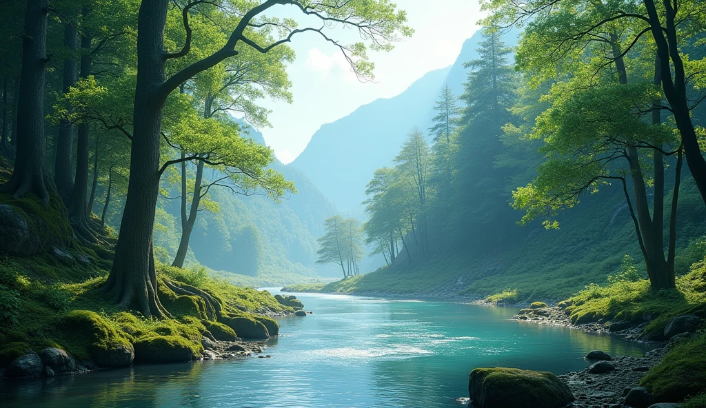 A realistic depiction of a tranquil and cool natural landscape. The scene features a crystal-clear river winding through a dense forest of tall, evergreen trees. The sunlight filters softly through the canopy, casting dappled shadows on the forest floor and illuminating patches of vibrant green moss. In the distance, gentle hills covered in mist rise against a clear blue sky. The air feels fresh and crisp, with a light breeze rustling the leaves. The image captures every detail in 4K, from the texture of the tree bark to the ripples in the water, evoking a deep sense of peace and serenity